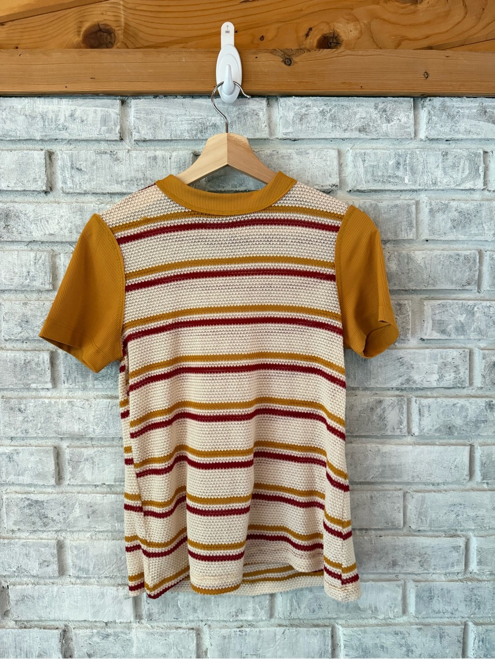 Crescent Striped Short Sleeve Top in Mustard, Cream, and Burgundy